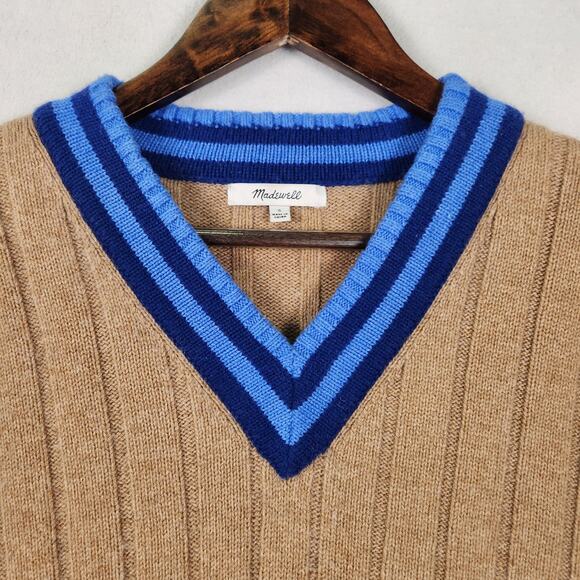 Madewell Tipped V-Neck Oversized Sweater in Tan With Blue V-Neck SZ SM Wool Blnd - Picture 5 of 13